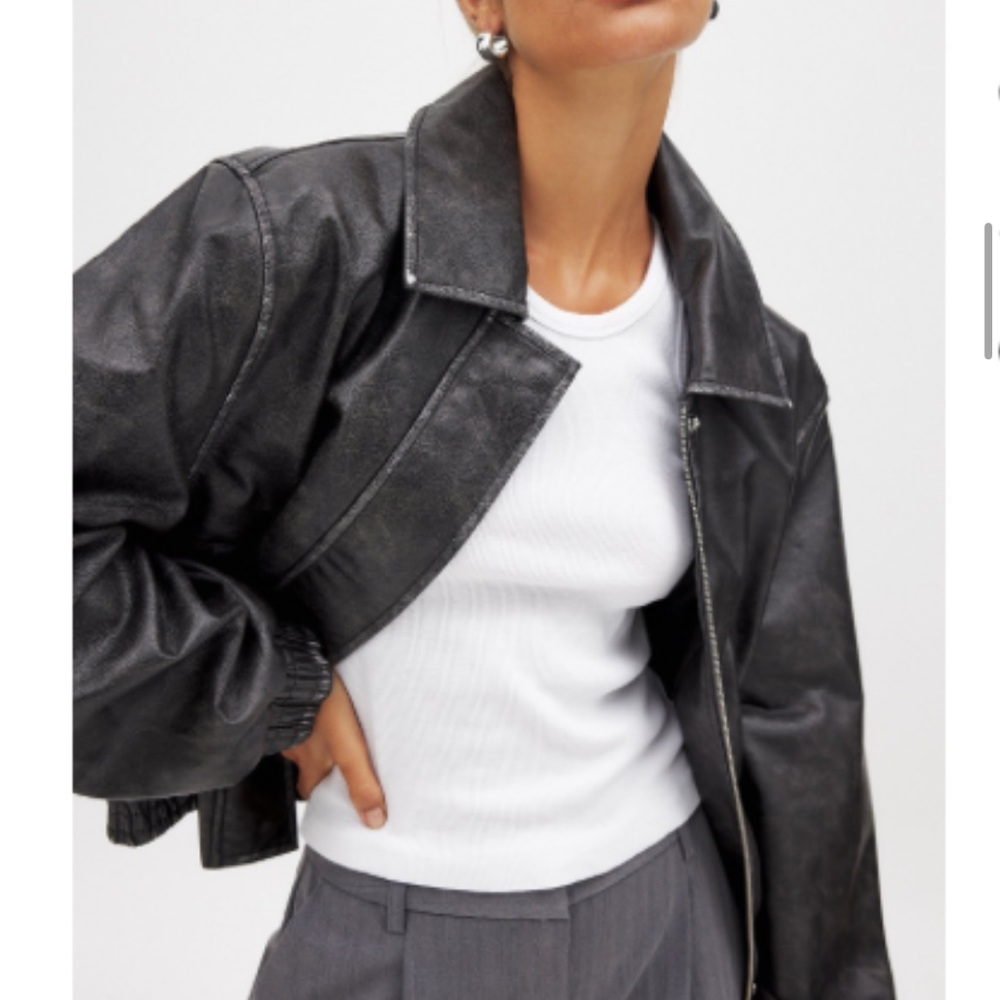 NA-KD Women's Black Cropped Leather Bomber Jacket